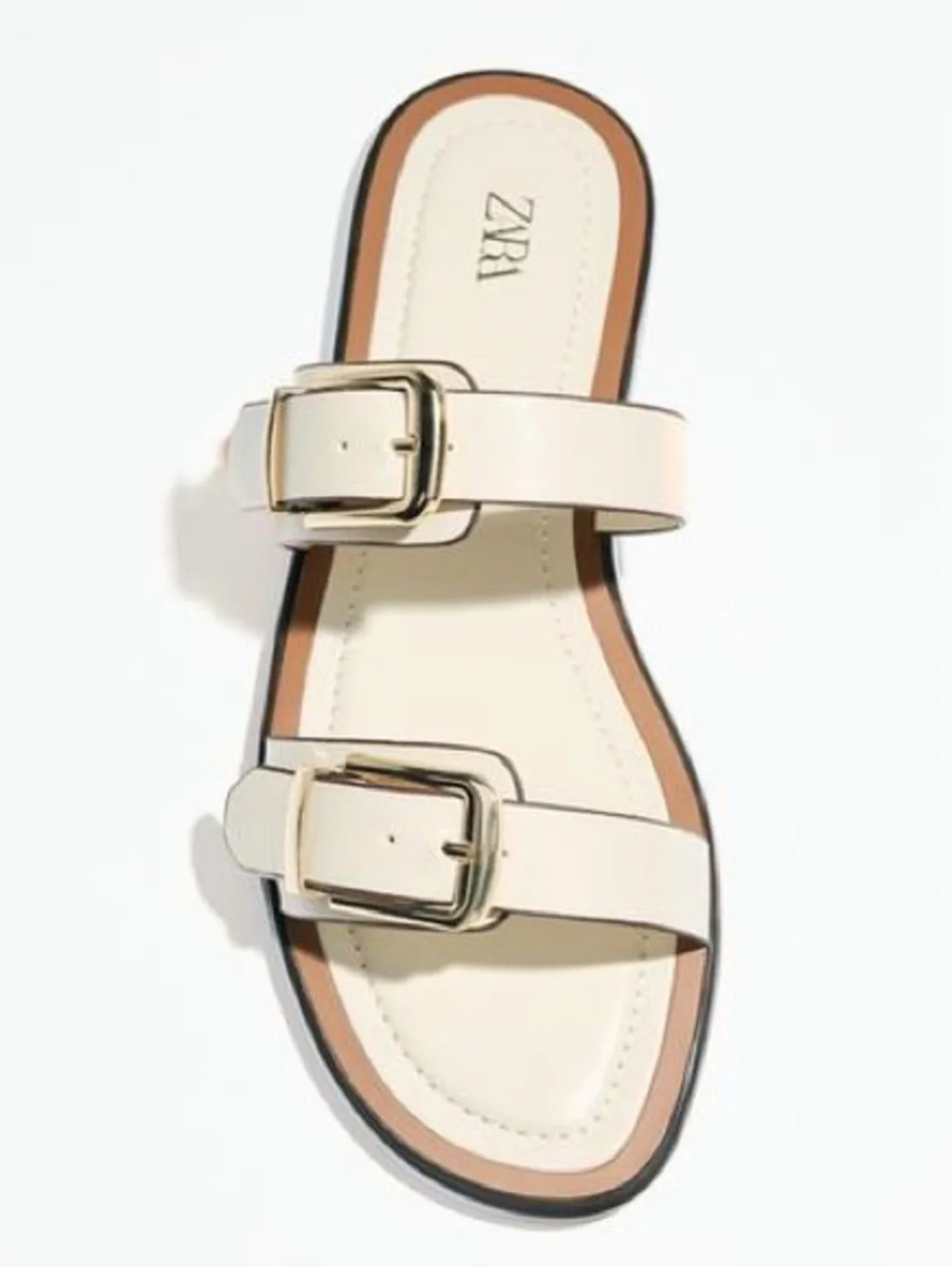 Zara Women Cream Double-Buckle Slide Sandals with Gold Buckles, size 37 - Picture 2 of 7